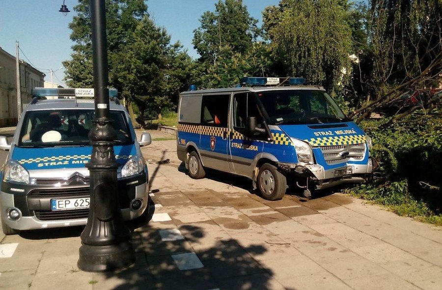 Samochd Stray Miejskiej wjecha na chodnik i staranowa znak drogowy