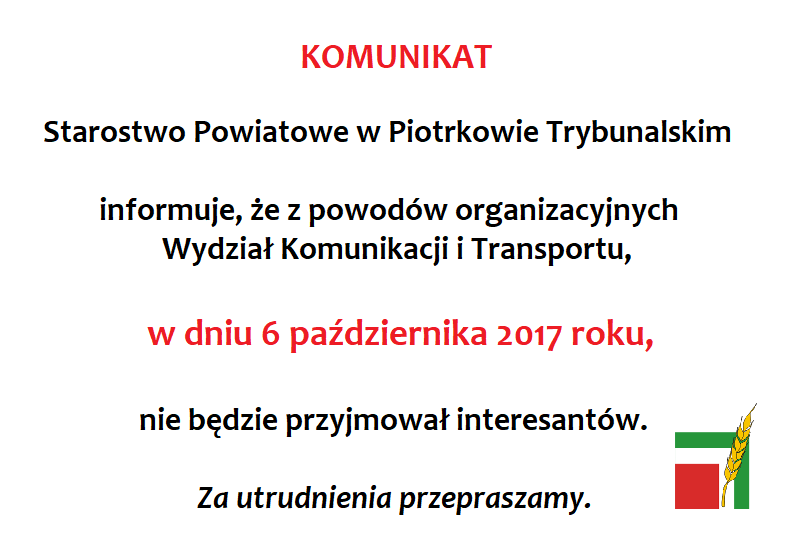 6.X. Wydzia Komunikacji starostwa bdzie zamknity