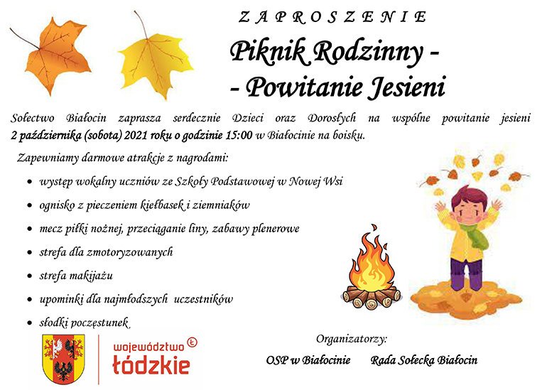 Piknik rodzinny - Powitanie jesieni - w sobot 2 padziernika w Biaocinie