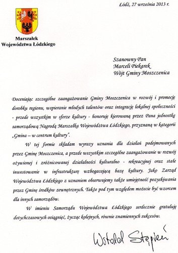 Gmina Moszczenica nagrodzona przez marszaka