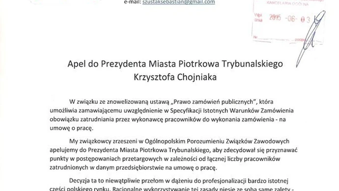 Związki apelują do prezydenta Chojniaka 