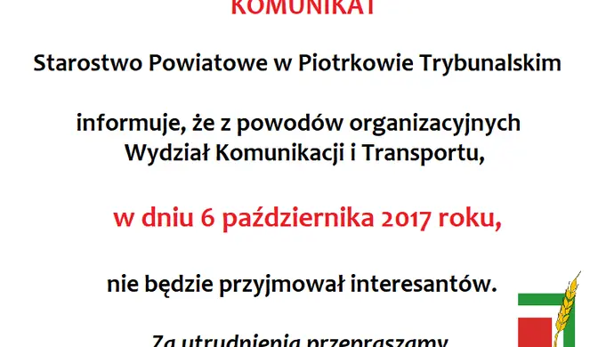 6.X. Wydział Komunikacji starostwa będzie zamknięty