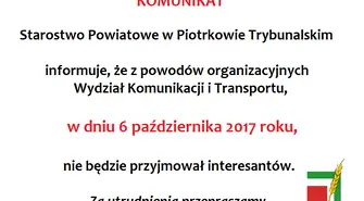6.X. Wydział Komunikacji starostwa będzie zamknięty