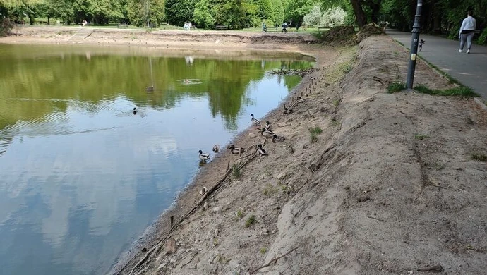 Brakuje wody w parkowym stawie