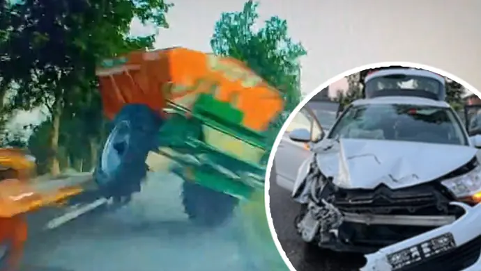 Maszyna spadła na auto! Tak doszło do wypadku koło Rozprzy! Mamy nagranie!