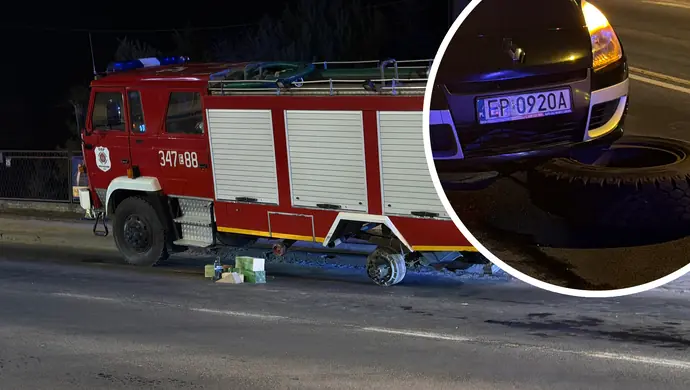 Koło odpadło z jadącego wozu strażackiego i uderzyło w auto