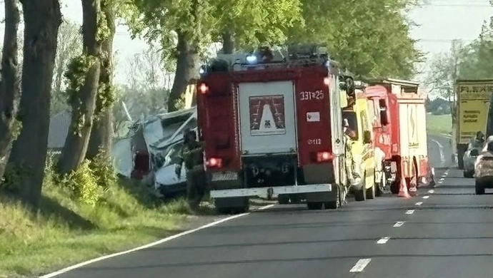 Dostawczak roztrzaskany na drzewie pod Piotrkowem