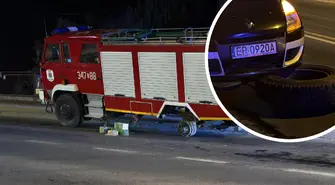 Koła odpadły z jadącego wozu strażackiego. Jedno z nich uderzyło w auto