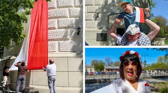 Ogromna flaga zawisła na wieży ciśnień ZDJĘCIA