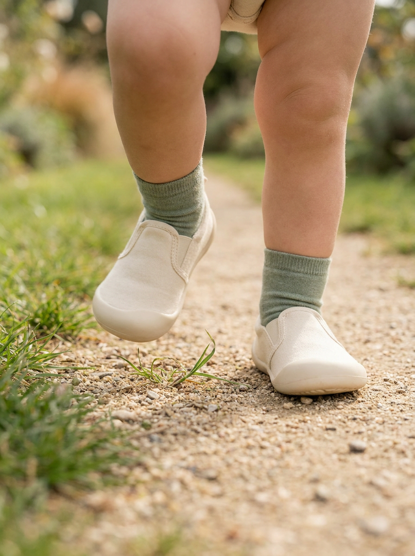 Małe dziecko w butach barefoot stawiające samodzielne kroki na trawie — kluczowy etap rozwoju stopy w wieku 2–4 lat