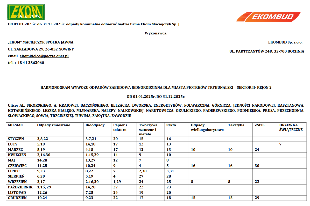 Przykładowy harmonogram odbioru odpadów